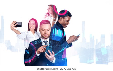 Multinational business people working together, video conference and conversation using smartphone, skyscrapers overlay. Big business data diagrams with statistics. Concept of research - Powered by Shutterstock