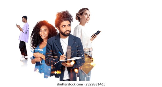 Multinational business people working together, thinking and using smartphone on white background, notebook in hand. Business skyscrapers double exposure at night. Concept of teamwork - Powered by Shutterstock