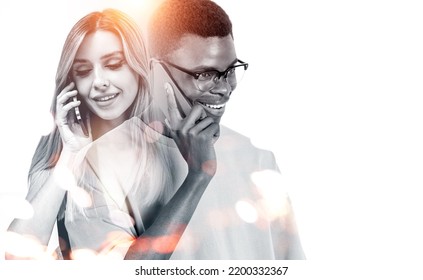 Multinational Businessman And Businesswoman Talking On The Phone, Silhouette On White Empty Background. Two People Working Together, Smiling. Concept Of Communication. Copy Space