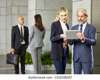 Multinational Corporate People Standing Talking In Lobby Of Modern Office Building