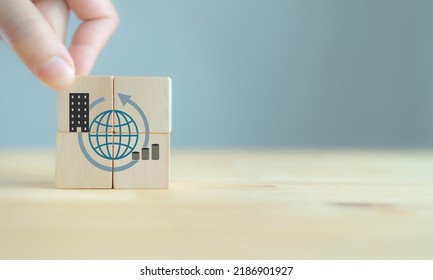 Multinational corporation (MNC), business strategy concept. Standardizing products and services around the world  to gain efficiency. Vertical, horinzontal expansion strategy. New markets, opportunity - Shutterstock ID 2186901927