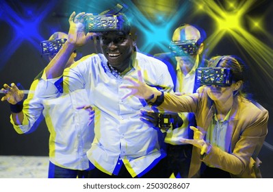 Multinational group of colleagues using VR glasses during team building seminar