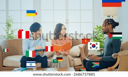 Multinational group having a conversation in an office and flags of all nations