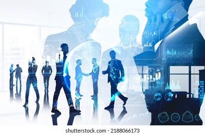 Multinational People Conference, Silhouette Of Business People Working Together. Double Exposure With Forex Hologram With Earth Sphere And Financial Chart. Concept Of Global Connection