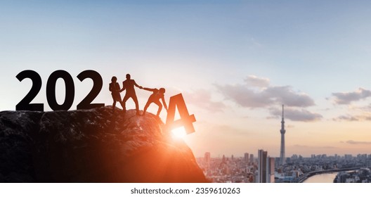 Multinational people lifting up the year 2024. 2024 New Year concept. New year's card 2024.