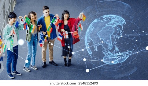 Multinational people with national flags and global network concept. - Shutterstock ID 2348152493