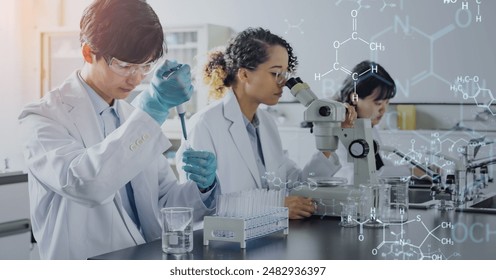 Multinational researchers and science and technology conducting experiments concept