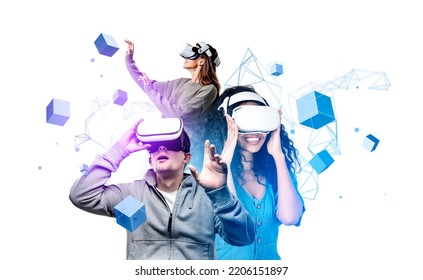 Multinational young people in vr headset, hands touch colorful digital blocks hologram floating on white background. Concept of virtual reality - Powered by Shutterstock
