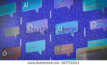 Multiple AI chat dialogs printed with AI and bot icons, conceptual abstract digitally generated images