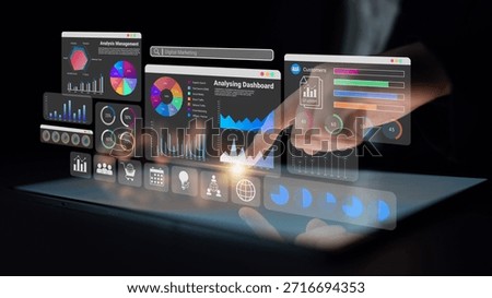 Multiple analytics dashboards with charts and graphs representing marketing data, SEO insights, and performance management Parse
