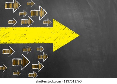 Multiple Arrows Yellow Chalk Drawing On Blackboard Or Chalkboard As Direction Orientation Trend Pointer Concept With Copy Space