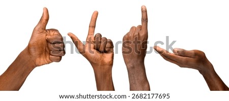 Multiple black hands in different gestures including thumbs up, pointing sideways, raised index finger, and open palm, isolated on white background