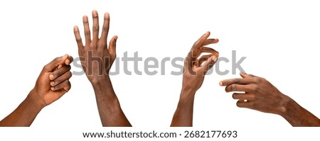Multiple black hands in expressive gestures including pinching fingers, raised open palm, curved fingers, and pointing hand, isolated on white background