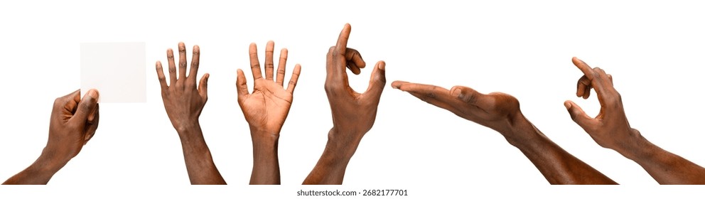 Multiple black hands in various gestures including holding a blank card, open palm, pointing, and making an okay sign, isolated on white background
