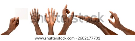 Multiple black hands in various gestures including holding a blank card, open palm, pointing, and making an okay sign, isolated on white background
