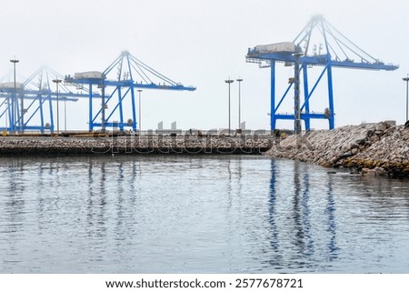 Multiple blue cranes in a container terminal in the port on the quay with water in foggy weather