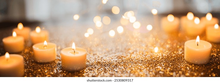 Multiple burning tealights with stunning bokeh effects on gold glittering surface with gently blurred background creating peaceful and calm atmosphere. - Powered by Shutterstock