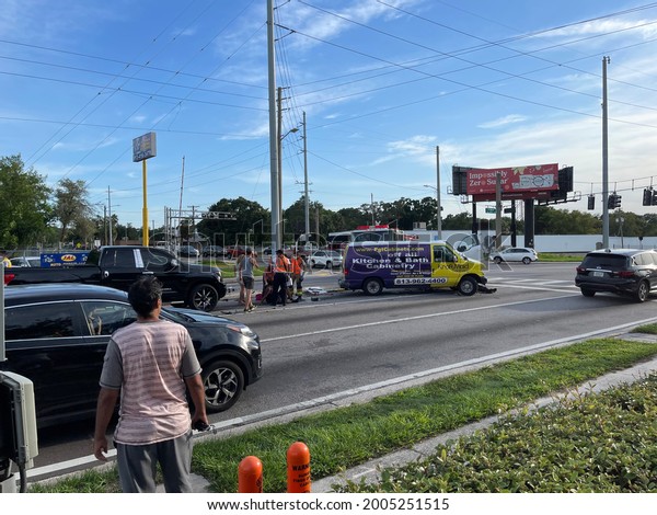 Multiple car accident at an intersection in Tampa,\
Florida July 9, 2021