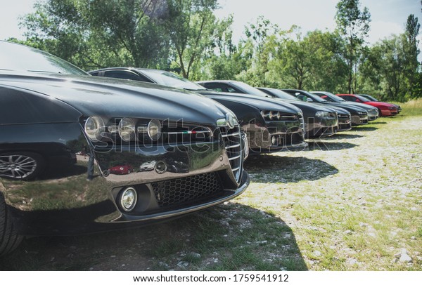 Multiple cars gathered\
in nature, part of a car show. Italian cars staying together with\
their noses lined up