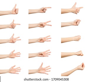 Multiple Caucasian female  hand gestures isolated over white background, set of multiple images.