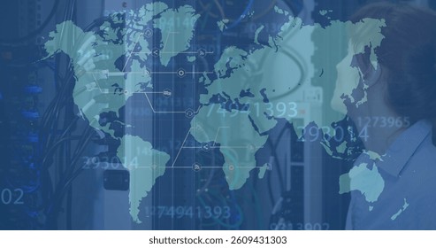 Multiple changing numbers over network of digital icons against woman smiling in server room. global networking and cyber security technology concept