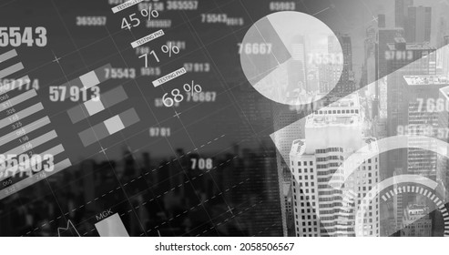 Multiple Changing Numbers Over Statistical Data Processing Against Tall Buildings In Background. Global Finance And Business Concept