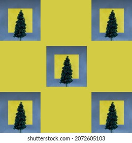 Multiple Christmas Trees On A Yellow Background