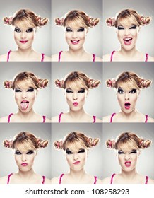 Multiple Close-up Portraits Of The Same Woman Expressing Different Emotions And Expressions