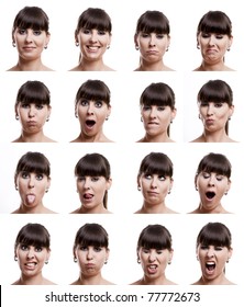 Multiple Close-up Portraits Of The Same Woman In Different Emotions And Expressions