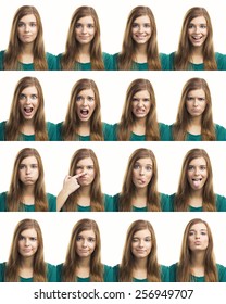 Multiple collage of a beautiful young woman with different expressions - Shutterstock ID 256949707