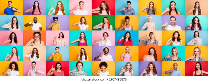 Multiple collage of positive modern multiethnic person different age raising thumb fingers express approve isolated colorful background - Shutterstock ID 1907495878