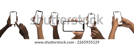 Multiple collection of male and female hands holding black Smartphones with blank screen on white isolated background. Multiple image Collage
