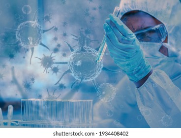Mehrere Covid-19-Zellen gegen weibliche Gesundheitsarbeiterin, die im Labor eine Gesichtsmaske tragen. Pandemiekonzept für die Coronavirus covid-19