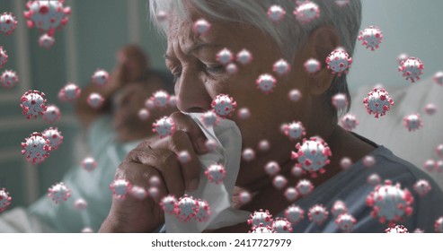 Multiple covid-19 cells floating against african american senior woman coughing in the bed at home. staying at home in self isolation in quarantine lockdown - Powered by Shutterstock