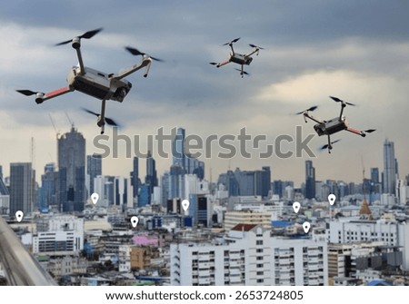 Multiple delivery drones fly over a modern city skyline. This represents drone logistics, smart city technology, and the future of package delivery or aerial monitoring.