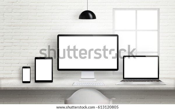 Multiple Devices On Office Desk Responsive Stock Photo Edit Now