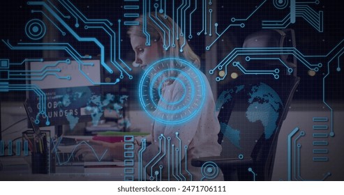 Multiple digital icons and neon round scanner against city traffic at scanning. Global technology and digital interface concept digitally generated image. - Powered by Shutterstock