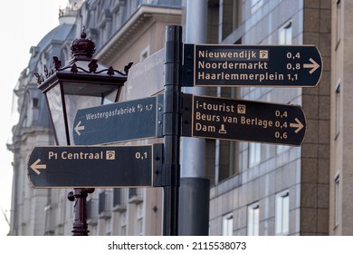 Multiple Direction Sign At The Rokin Street At Amsterdam The Netherlands 28-1-2022