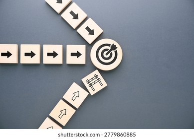 Multiple directional paths leading toward the same target, with one route blocked by a barrier symbol, representing obstacles, bottlenecks, and restricted access in achieving business goals
