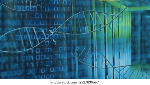 Multiple dna structure spinning and binary coding data processing against computer server room. Medical research and business data storage technology concept - Powered by Shutterstock