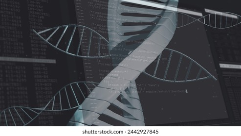 Multiple dna structures floating against data processing on black background. medical research and science technology concept