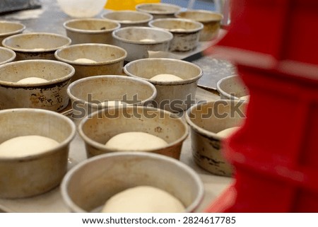 multiple dough balls sit inside well used round metal baking molds on bakery prep table, with shallow focus highlighting front row molds and flour dust texture view