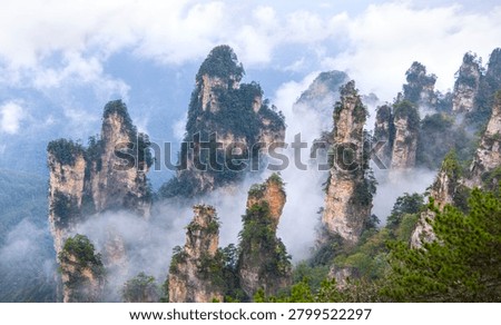 Multiple dramatic quartz sandstone pillars rising from the misty valley of Tianzi Mountain in Zhangjiajie National Forest Park China