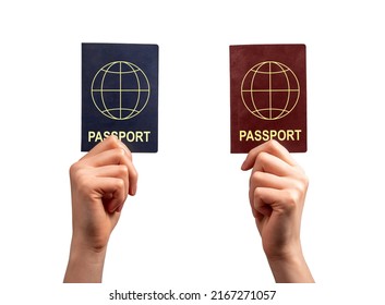 Multiple, Dual Nationality. Hands With Two Passports Isolated On White Background. Change Of Citizenship, Immigration Concept. High Quality Photo