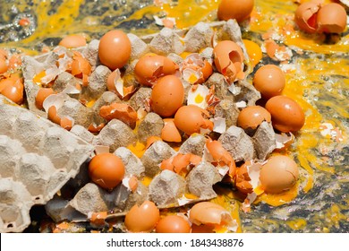 Multiple Eggs Crashed On The Road Due To An Accident In An Egg Delivery Truck That Was About To Deliver Eggs To Restaurants In The Morning. Concept Of Accidental Loss And Delay