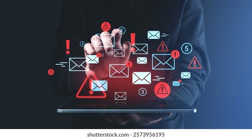 Multiple email and alert icons with warning signs hover over a tablet, highlighting digital communication and spam notifications