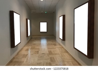 Multiple Empty Blank Poster Screens At A Hallway Ideal For Digital Kiosk Visual  Communication, Billboard, Information Board, Video Wall, Signage And  Copy Space