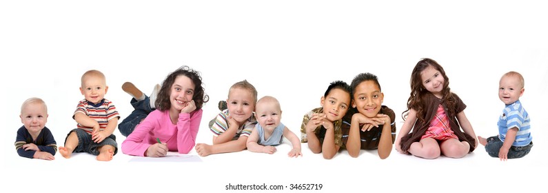 Multiple Ethnicities Of Children Of All Ages On White Background