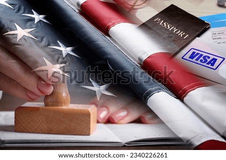 Multiple exposure with approved visa, USA flag and photo of woman stamping passport page
