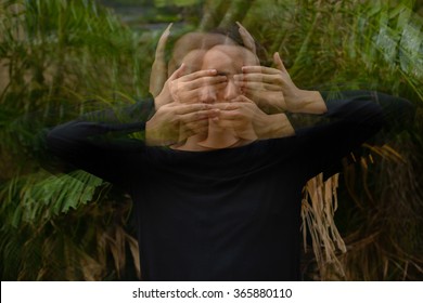 Multiple exposure of Asian man with long hairstyle outdoors